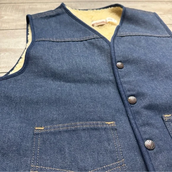 Vintage Sears Roebucks Western Wear Sherpa Vest Mens XL Biker Cowboy Denim Blue - Picture 11 of 14
